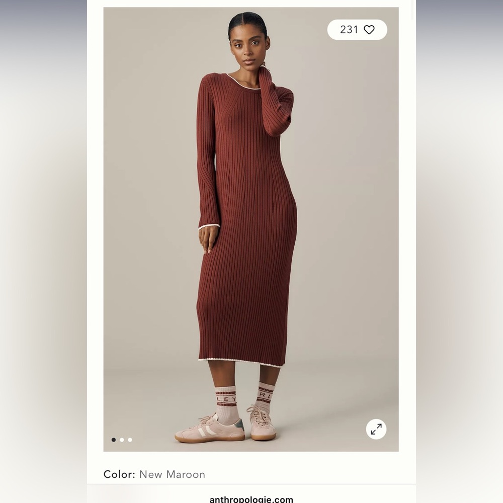 Varley Long Sleeve Ribbed Dress in maroon